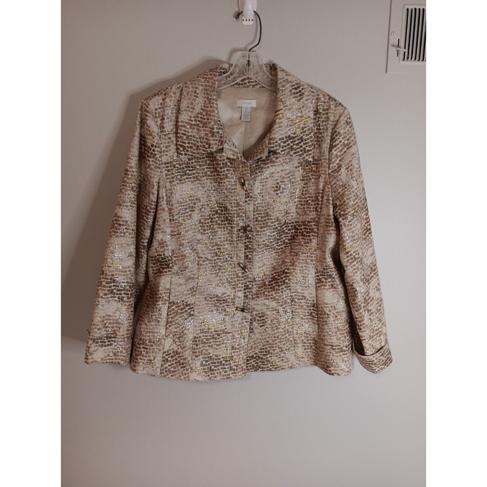 CHICO'S Jacket Blazer size 2 Gold Print Metallic Snakeskin Pockets Womens Large